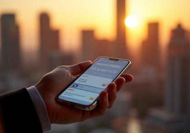 Modern digital banking interface with South African skyline background