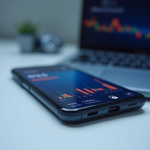 Mobile smartphone showing trading app with clean UI and candlestick charts side-by-side with a laptop